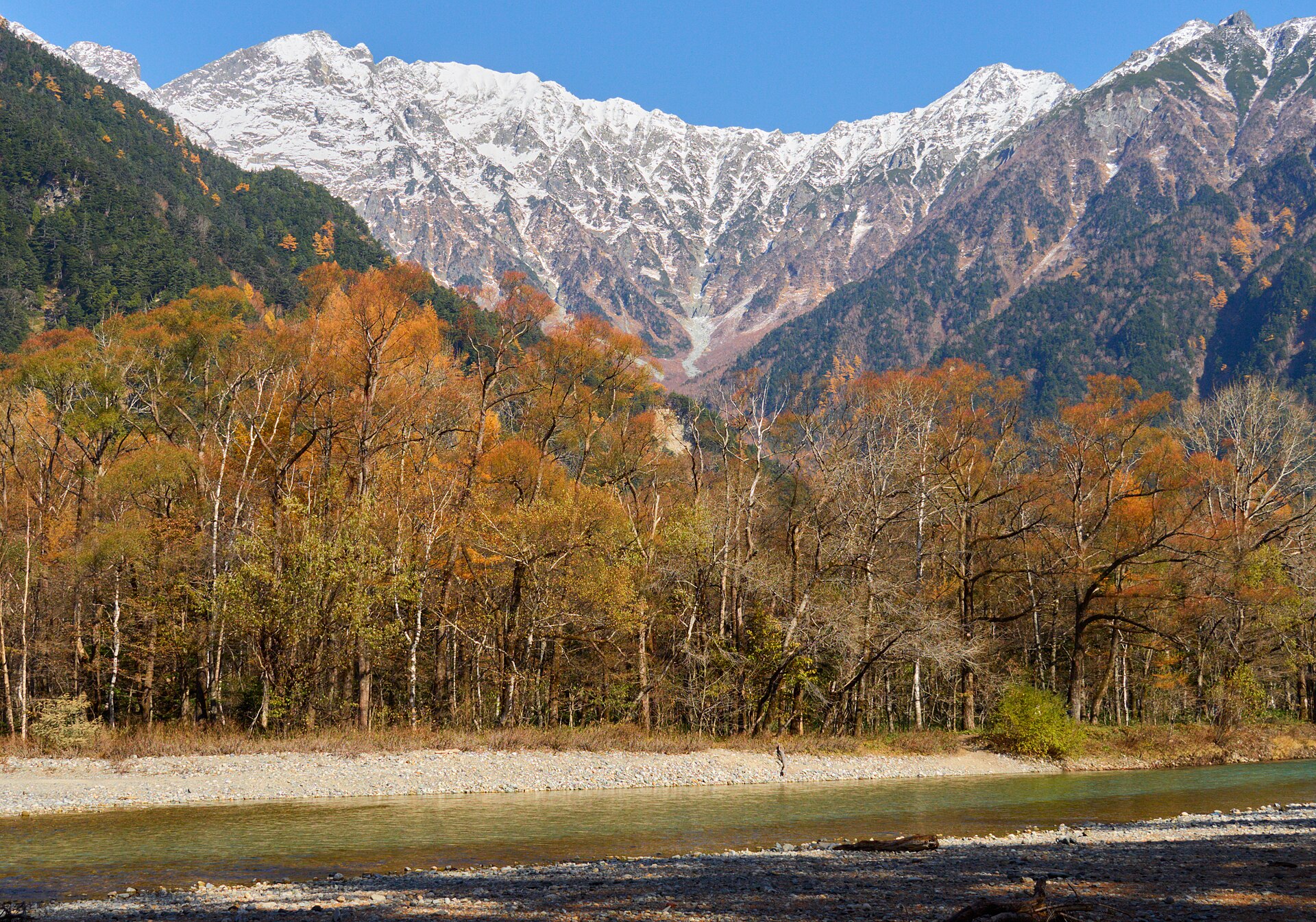上高地・梓川と冠雪の穂高連峰(晩秋)
